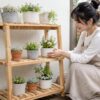 100均すのこでDIYした3段ガーデニング棚に小鉢を飾る日本人女性