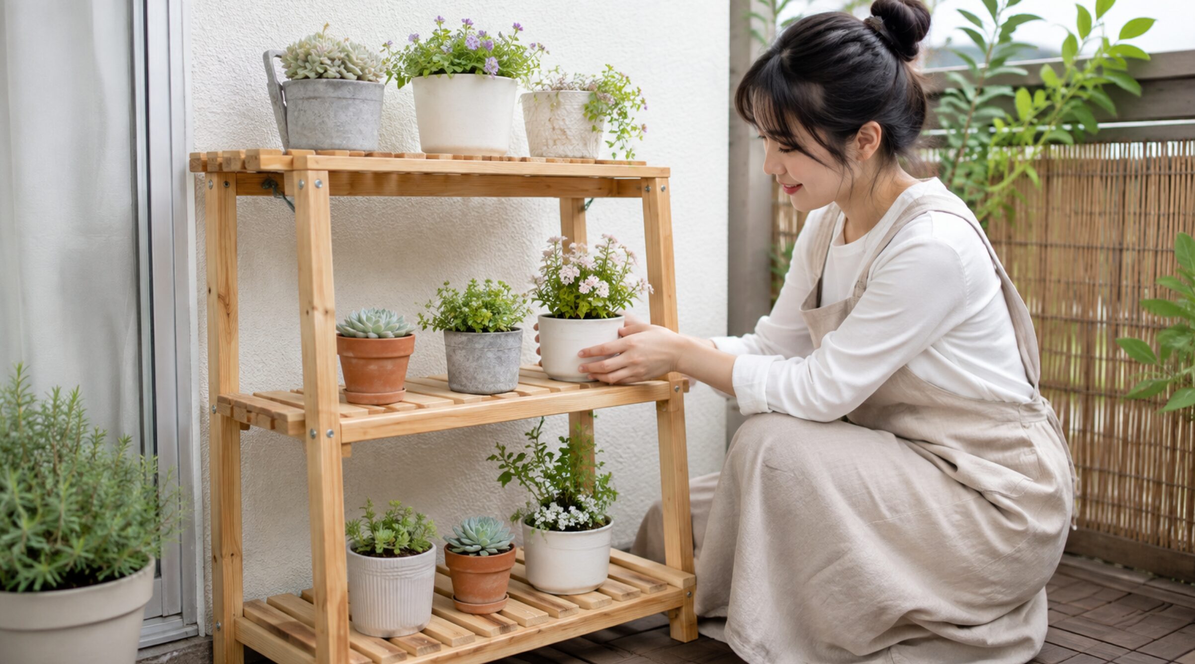 100均すのこでDIYした3段ガーデニング棚に小鉢を飾る日本人女性