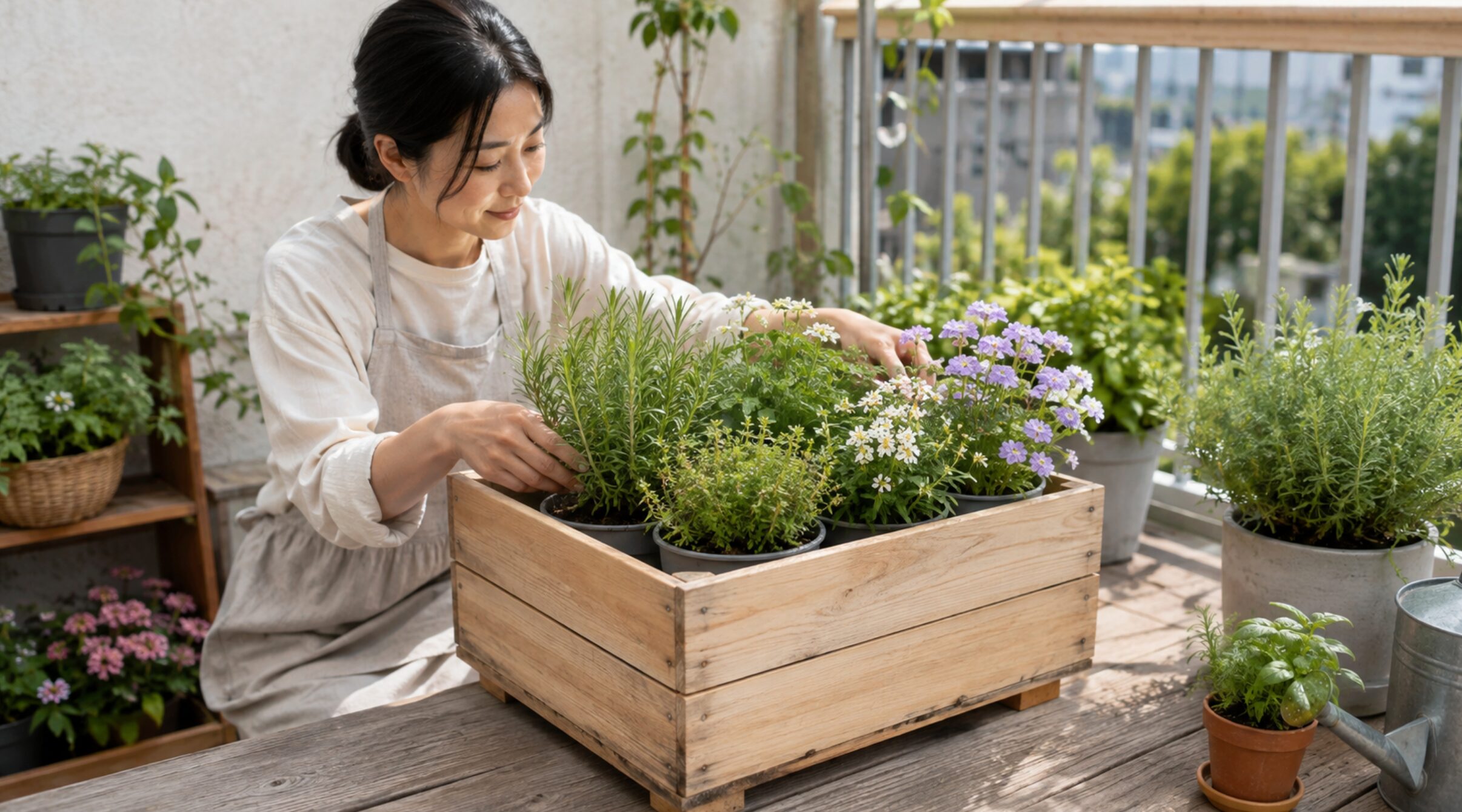 りんご箱を鉢カバーにしてハーブと花の鉢を並べる女性