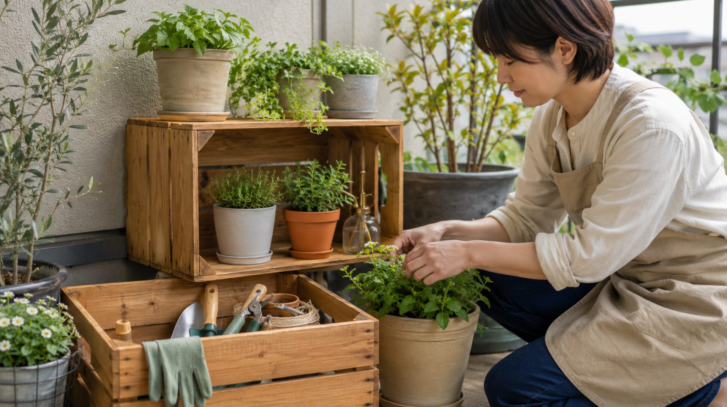 木箱を鉢植えの棚と園芸用品の収納に活用したベランダ