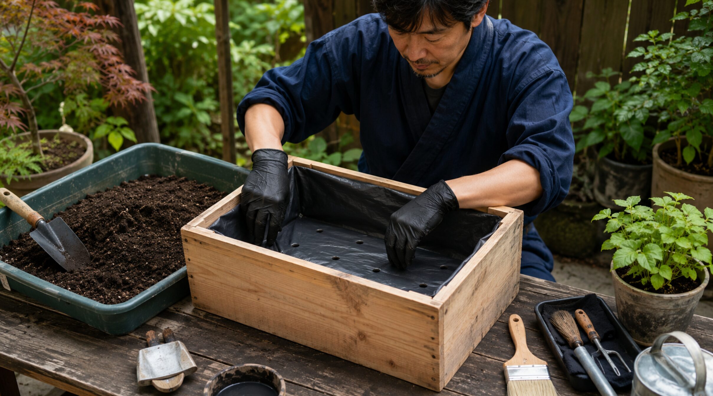 りんご箱プランターに内張りを敷き排水穴を整える作業