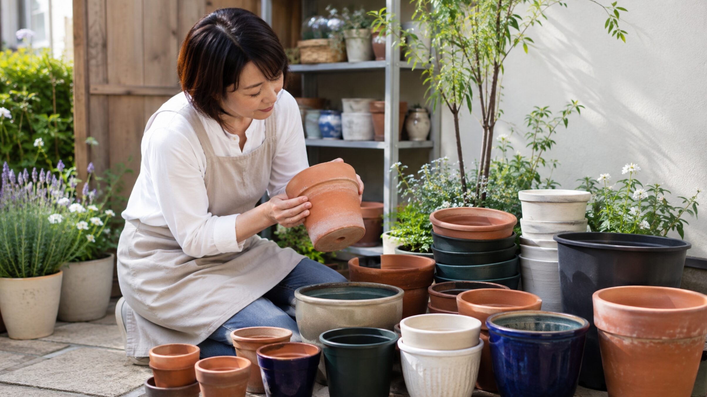 使わない植木鉢のひびや底穴を確認する女性