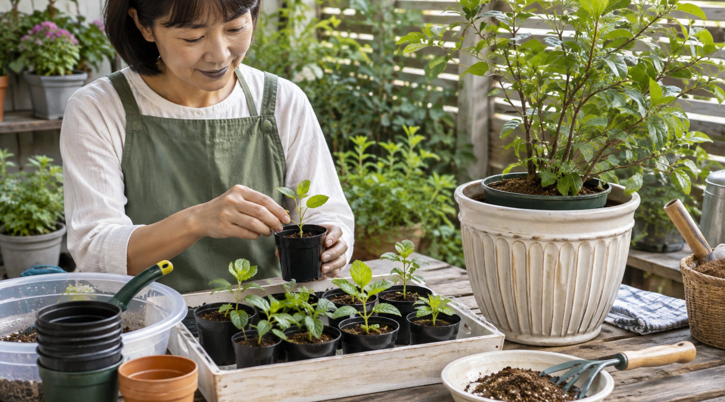 使わない植木鉢を育苗鉢と鉢カバーに再利用する様子