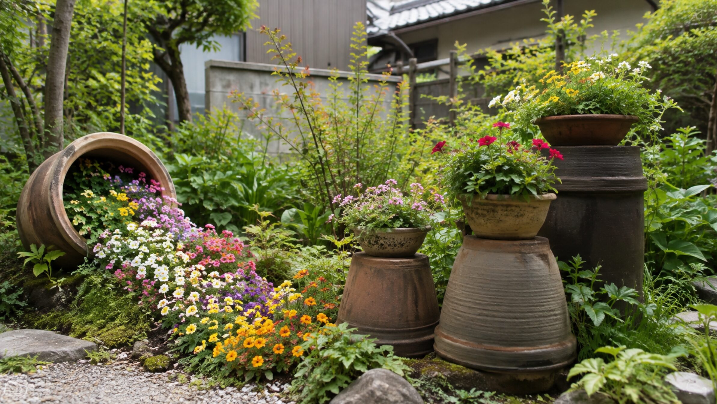 使わない植木鉢を花台とこぼれ花壇に再利用した庭