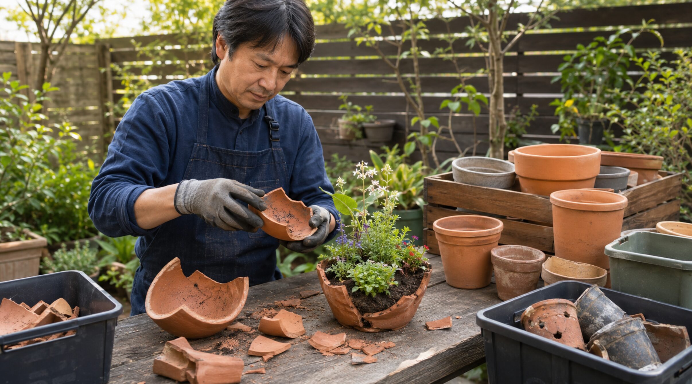 割れた植木鉢を寄せ植えに再利用して破損鉢を分別する様子