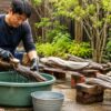 拾った流木を水とブラシで洗浄し屋外で乾燥させる手順