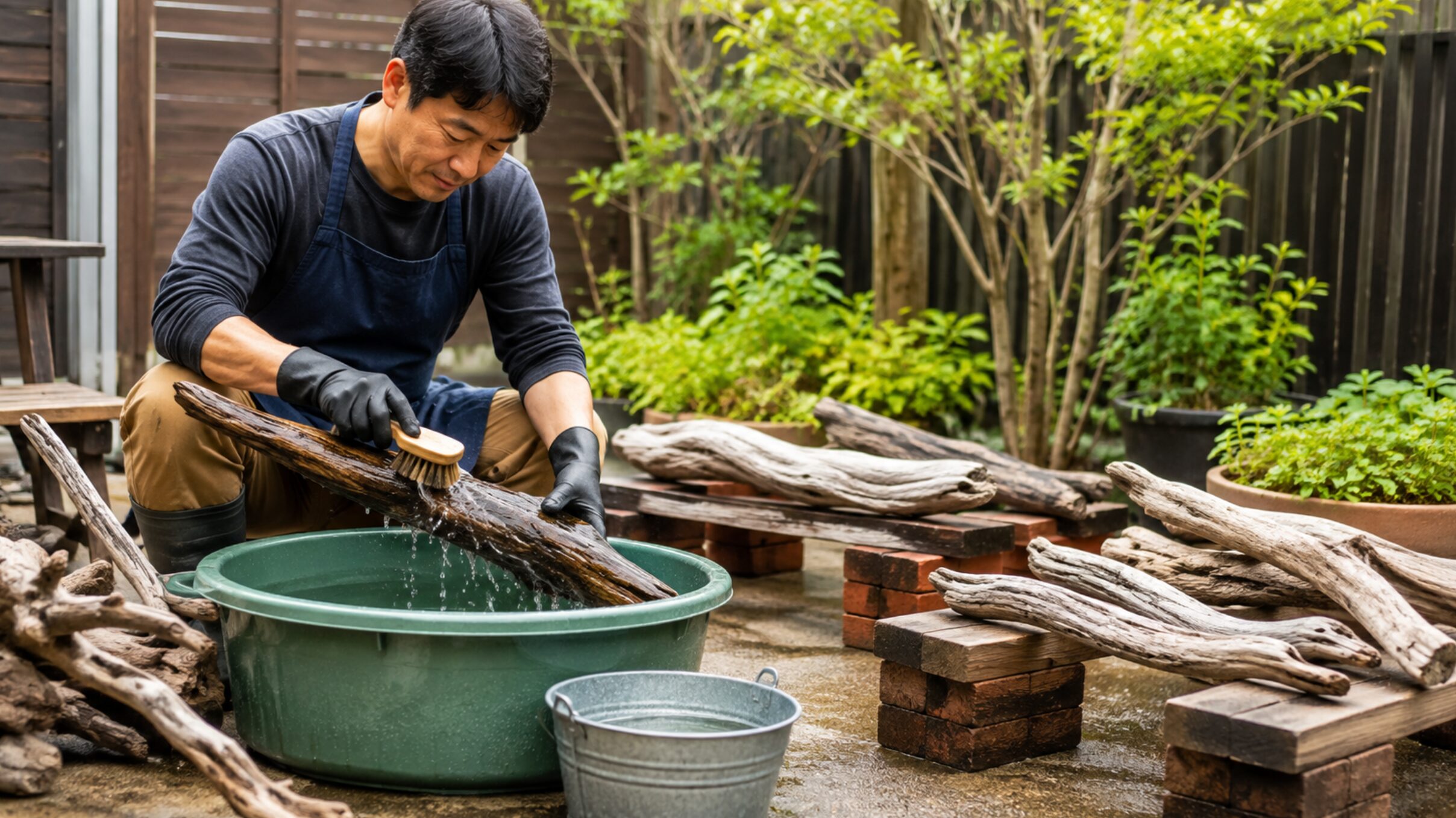 拾った流木を水とブラシで洗浄し屋外で乾燥させる手順