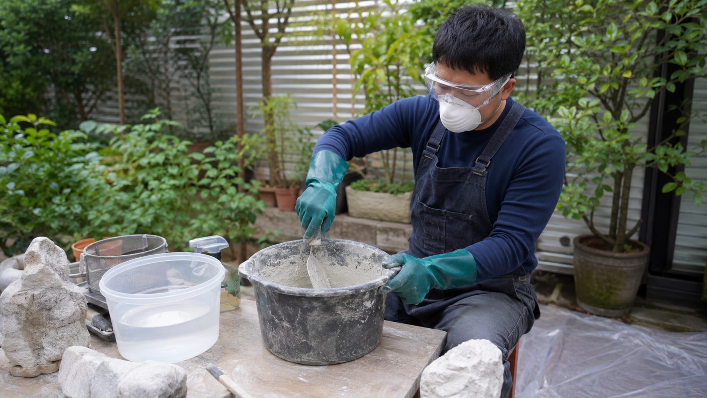 保護メガネと防じんマスクと手袋を着けて屋外でモルタルを練る日本人男性