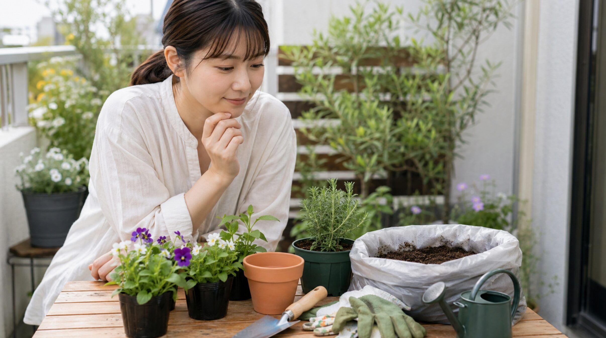 ガーデニング初心者がベランダで花苗や鉢、培養土、園芸道具を準備する様子