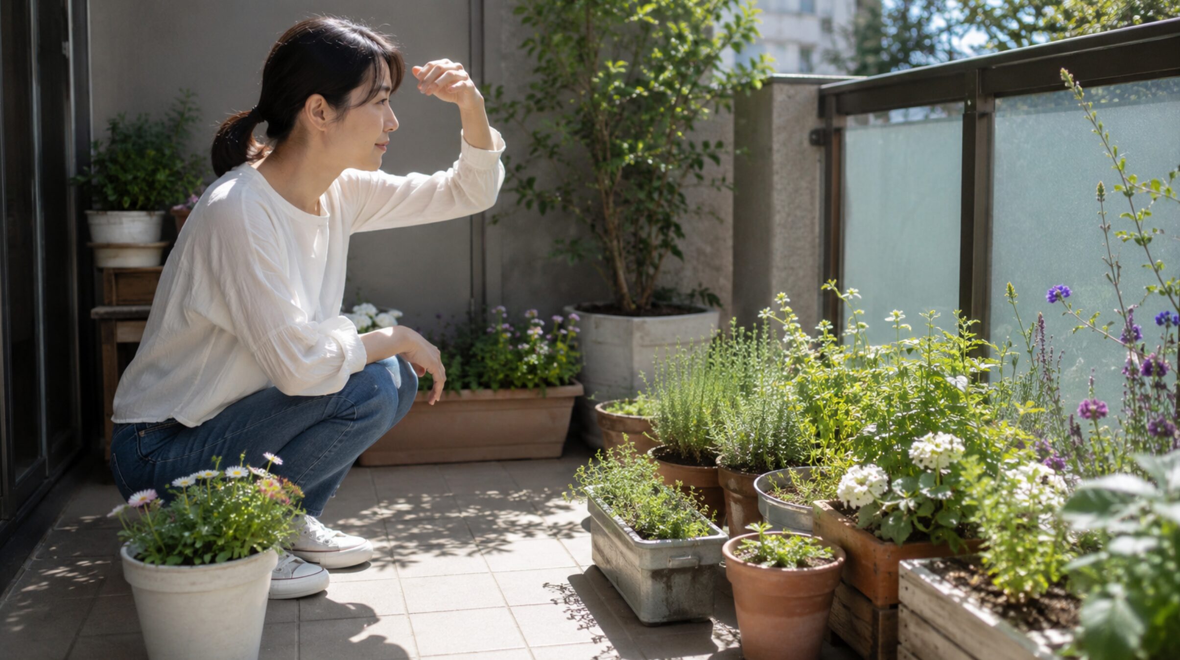 ガーデニング初心者がベランダの日当たりと植物の置き場所を確認する様子