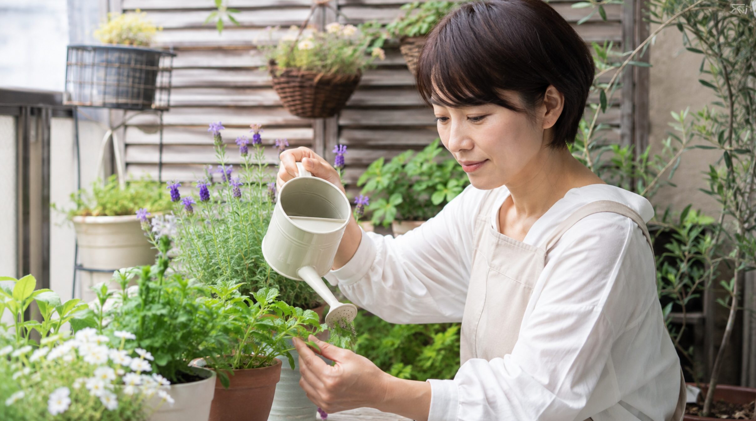 ガーデニング初心者がベランダの鉢植えに水やりをしながら葉を確認する様子