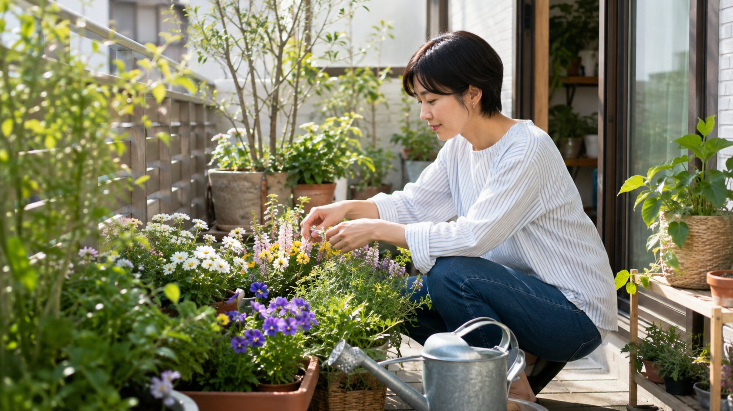 ベランダで鉢植えの草花を手入れする日本人女性