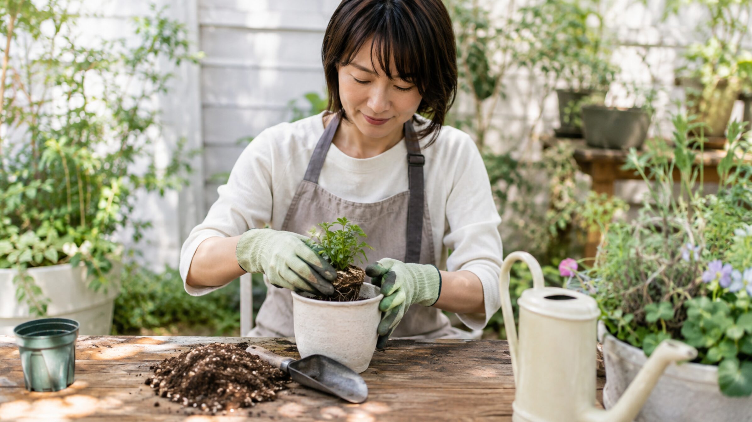 培養土と移植ごてを使って苗を鉢へ植えるガーデニング初心者