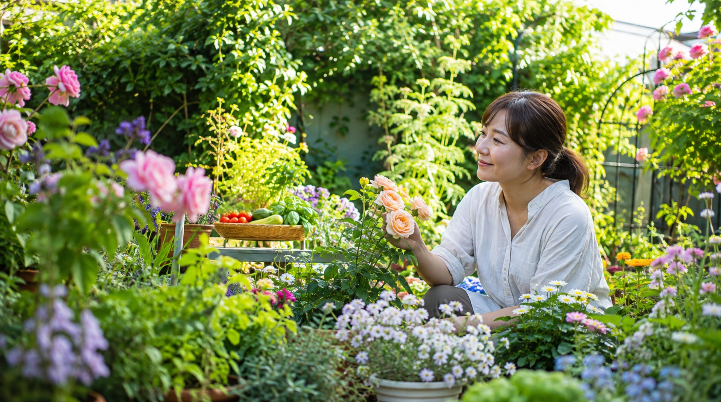 花とハーブに囲まれた庭でバラを楽しむ日本人女性