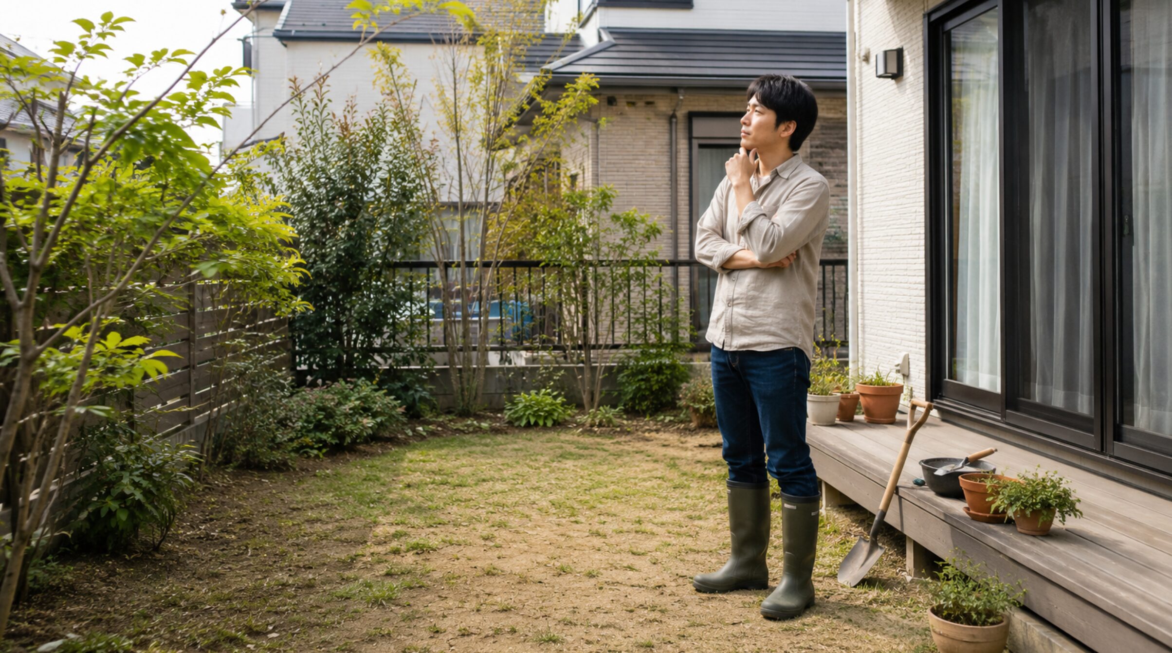 ガーデニング初心者が一戸建ての庭を観察して庭づくりを計画する様子