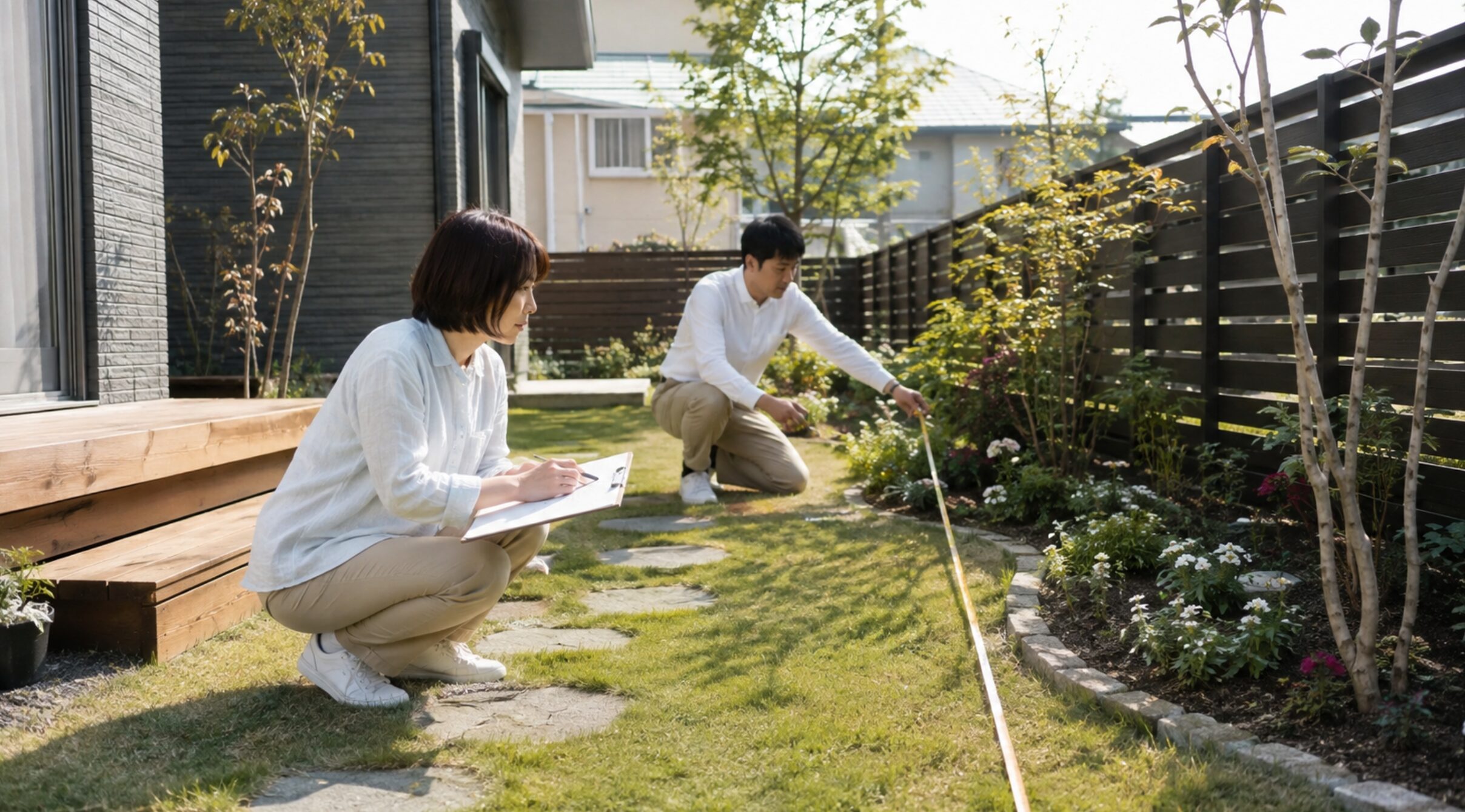 一戸建ての庭を測量して花壇や生活動線を計画する日本人夫婦