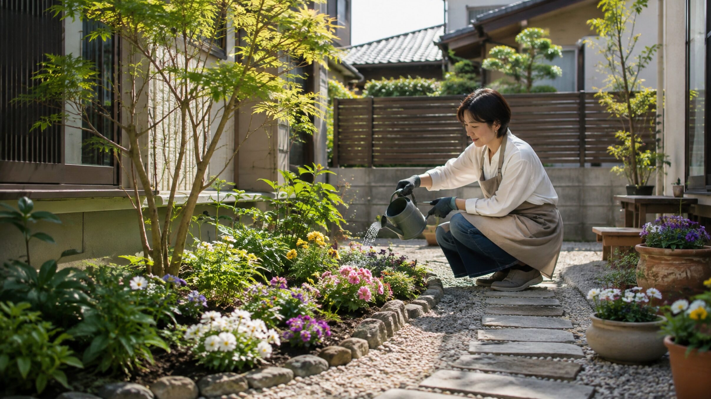 一戸建ての狭い庭で花壇に水やりをするガーデニング初心者