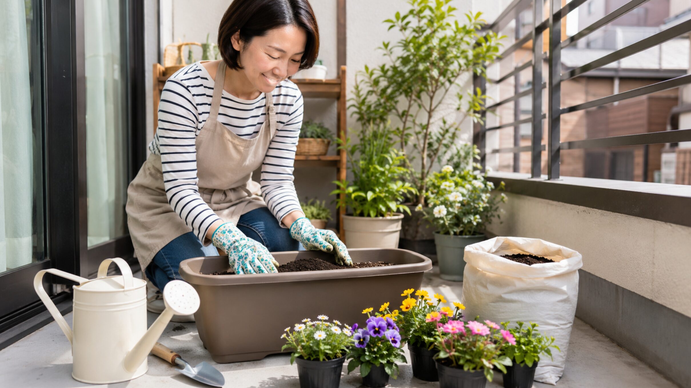初心者がベランダで花苗と培養土を使いプランターを準備する様子