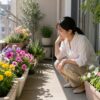 ベランダの日当たりとプランターの花の状態を確認する日本人女性