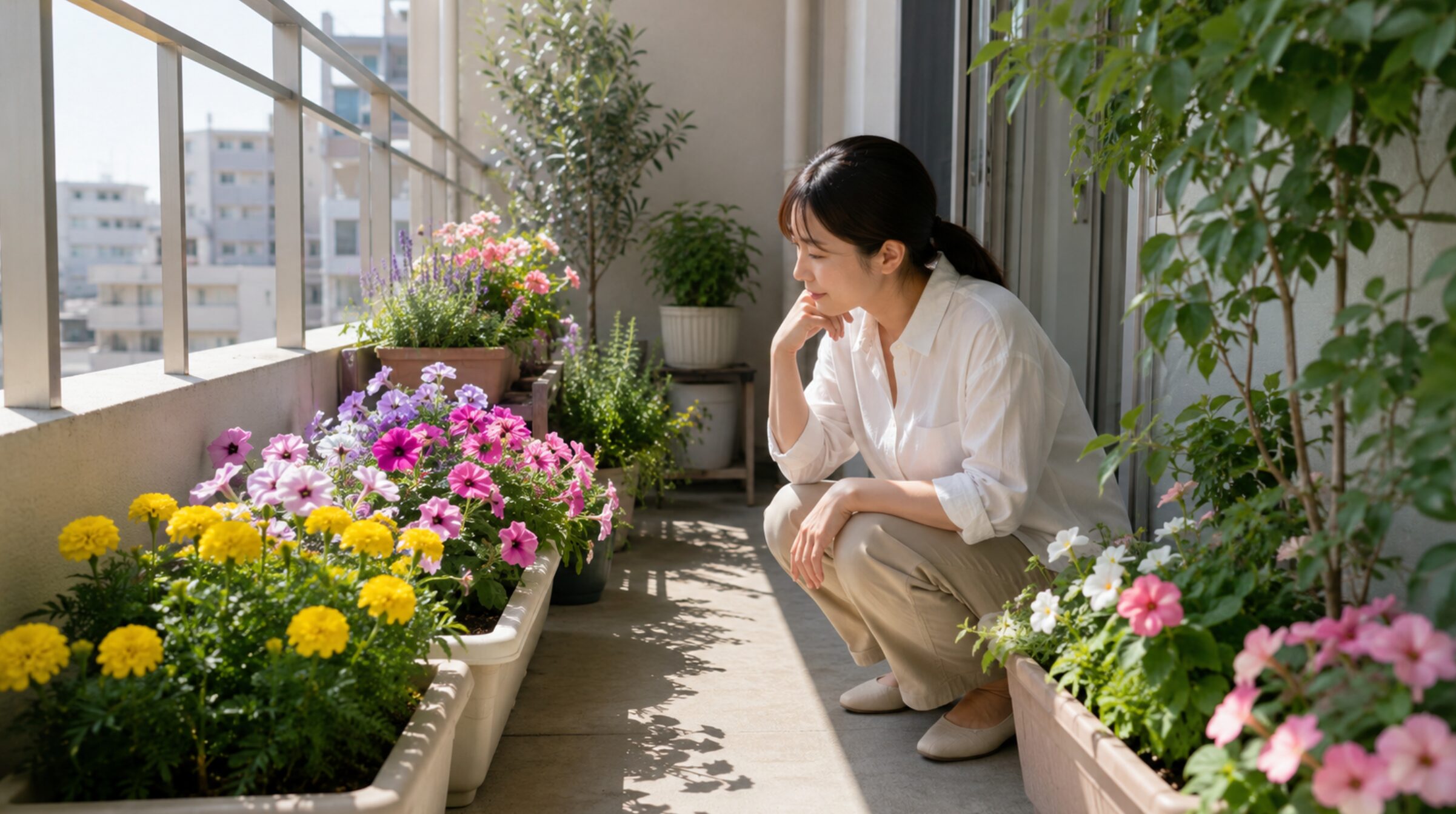 ベランダの日当たりとプランターの花の状態を確認する日本人女性