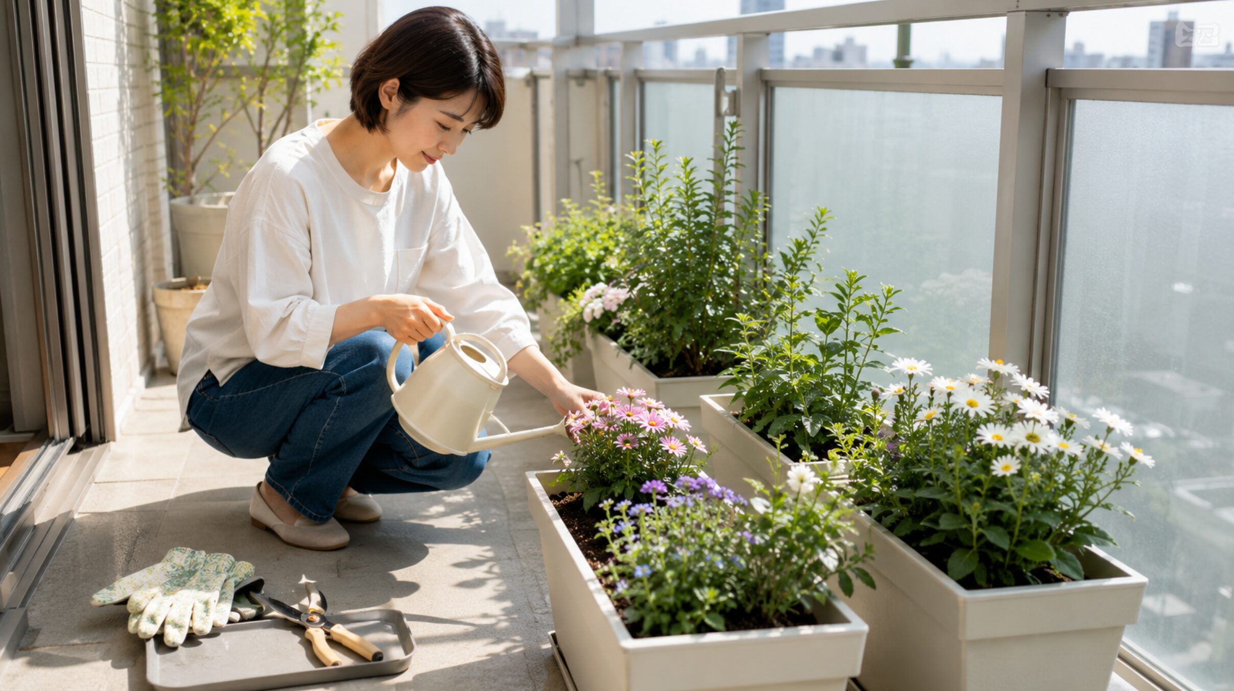 ベランダの花のプランターへ株元から水やりする日本人女性