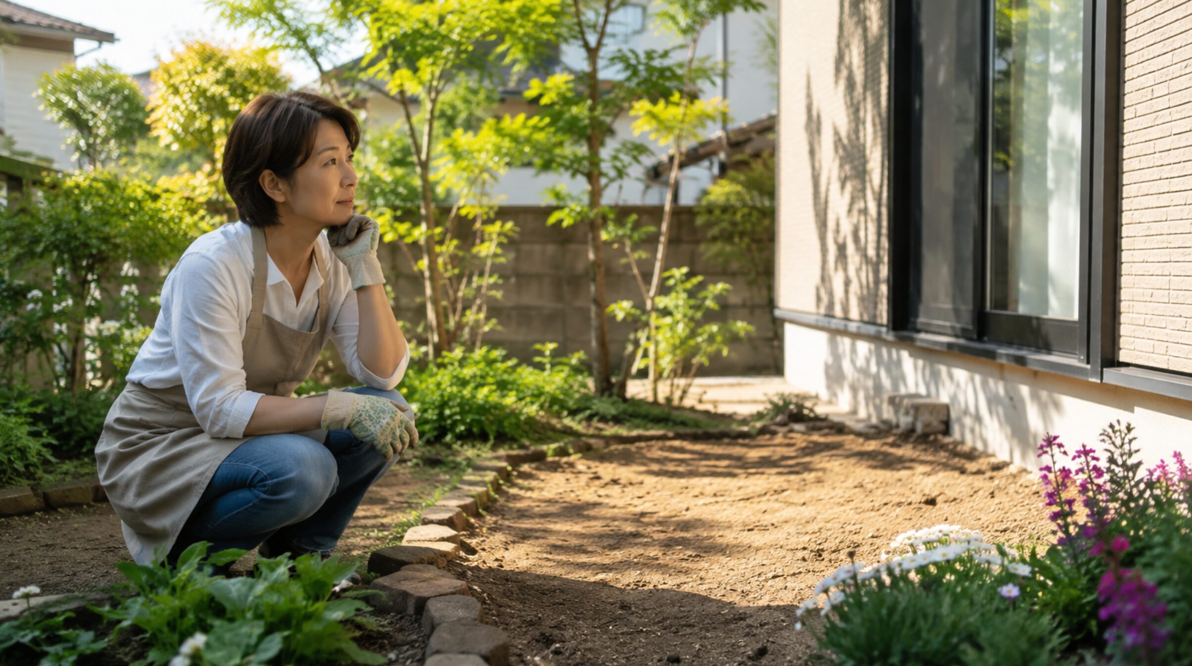 花壇の日当たりと植え付け場所を確認するガーデニング初心者