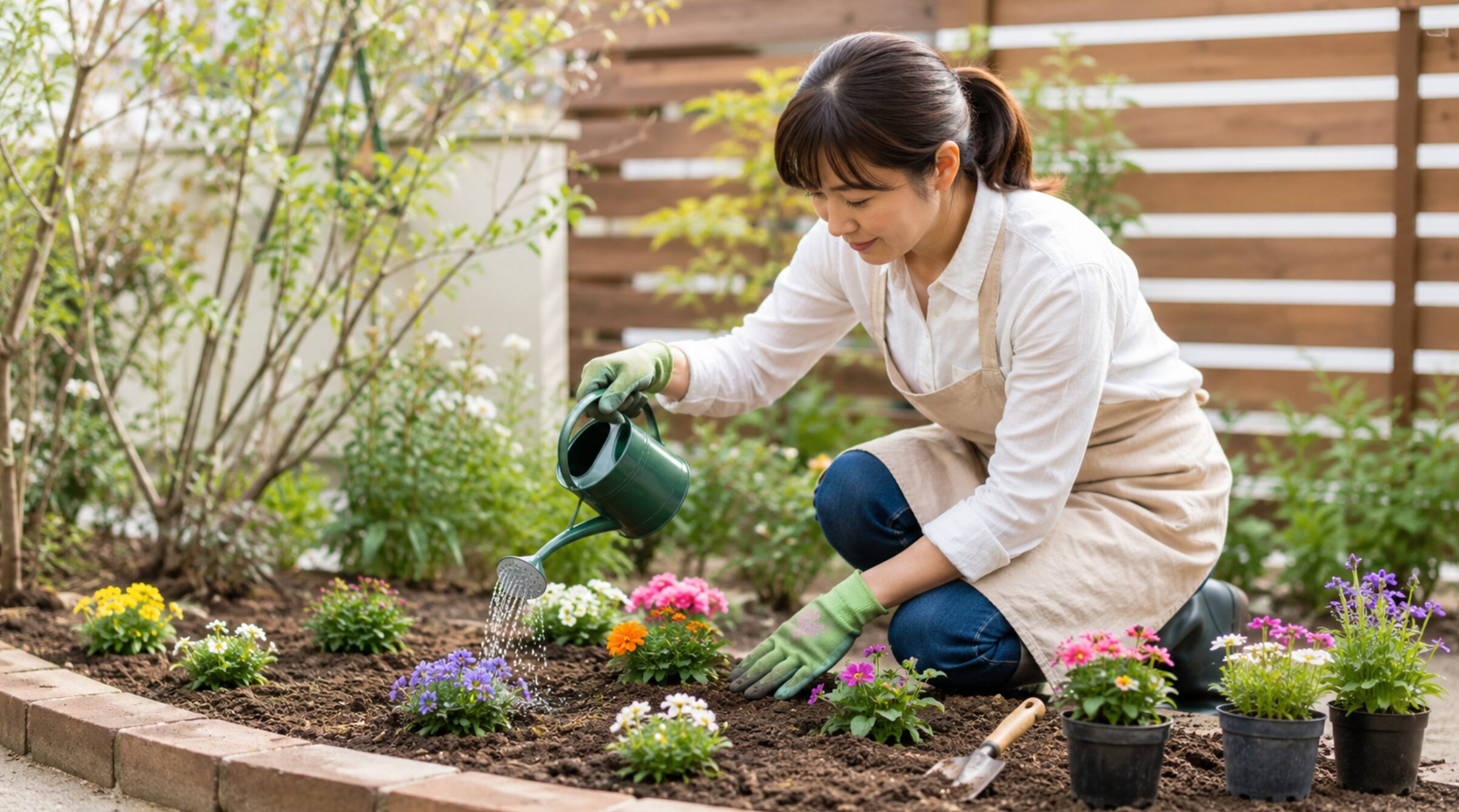 花苗を適切な株間で地植えして水やりするガーデニング初心者