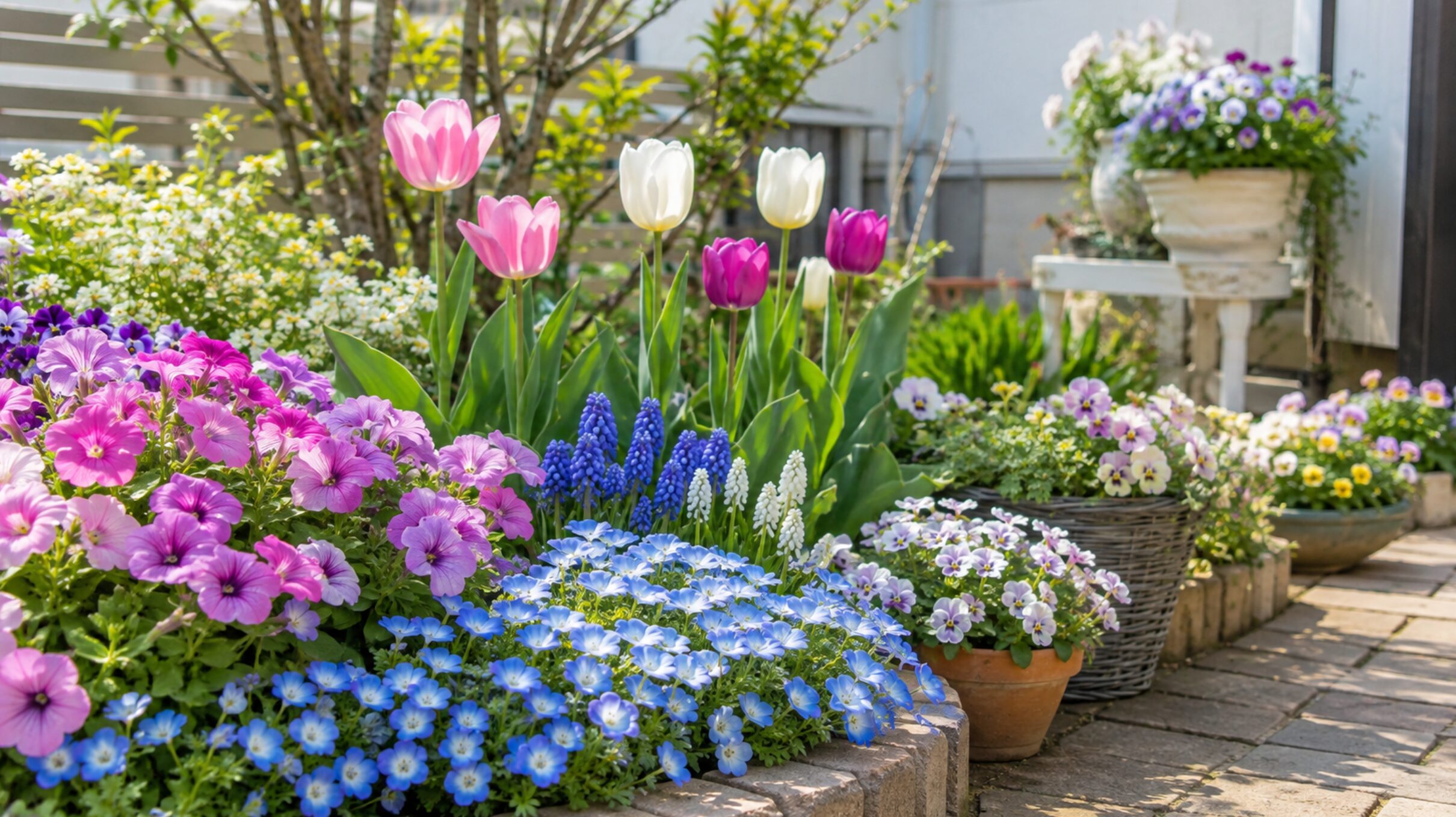 ネモフィラやチューリップが咲く初心者向けの春の花壇