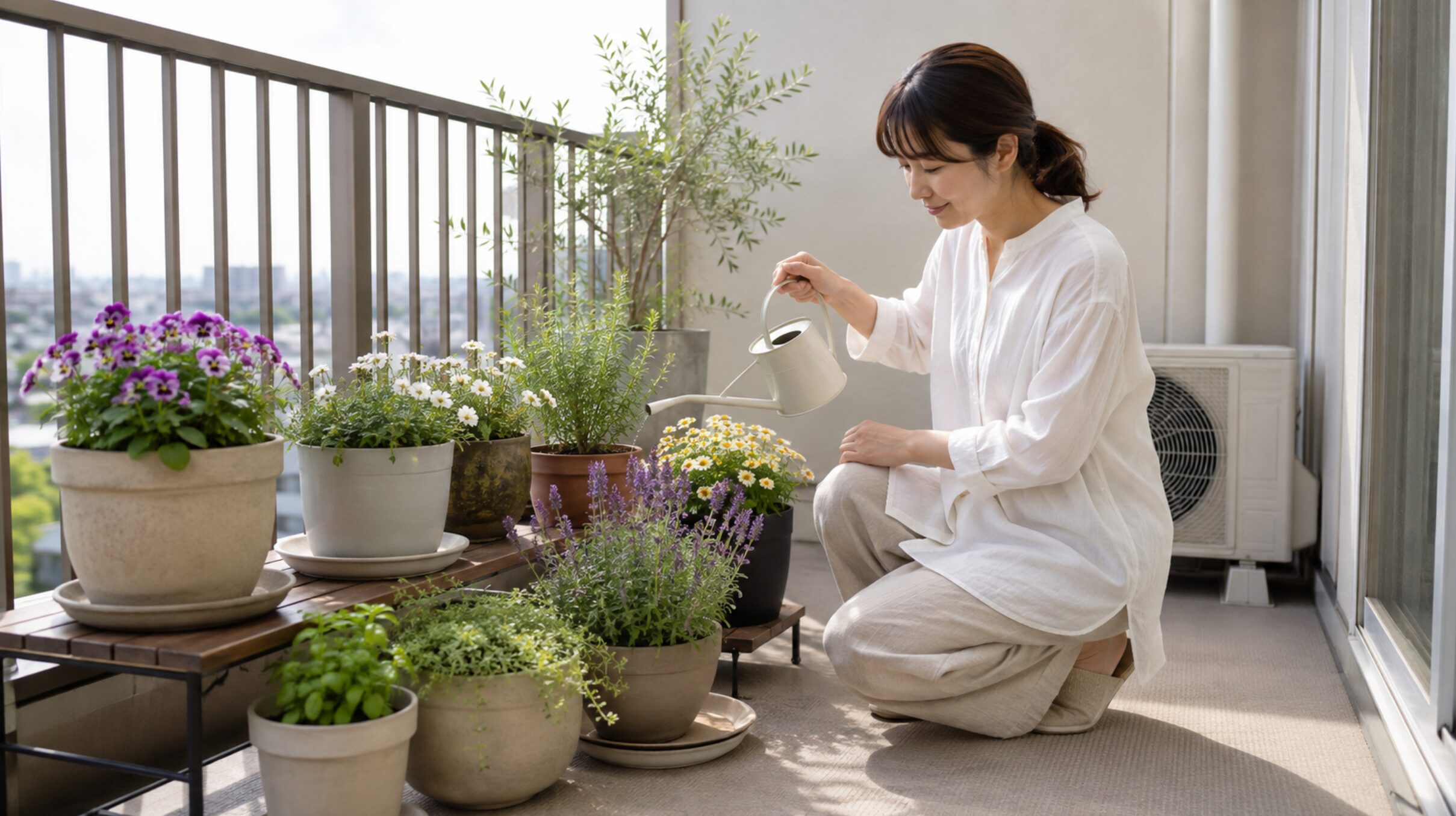 ベランダを汚さないよう受け皿付きの鉢へ水やりする日本人女性