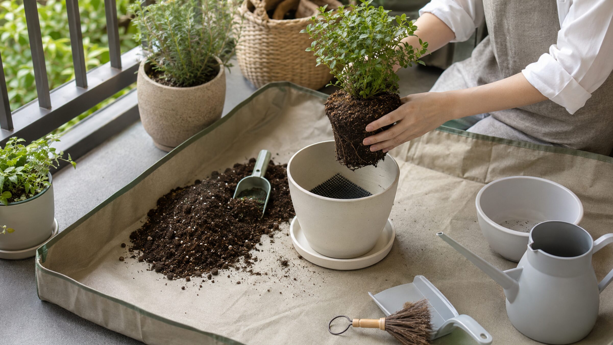 園芸シートと鉢底ネットで土の流出を防ぐベランダの植え替え作業