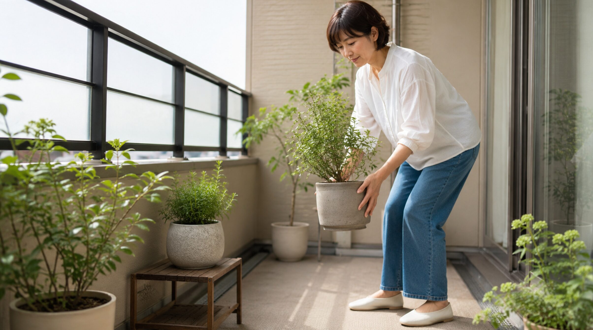 掃除しやすいベランダで移動できる鉢を配置する日本人女性