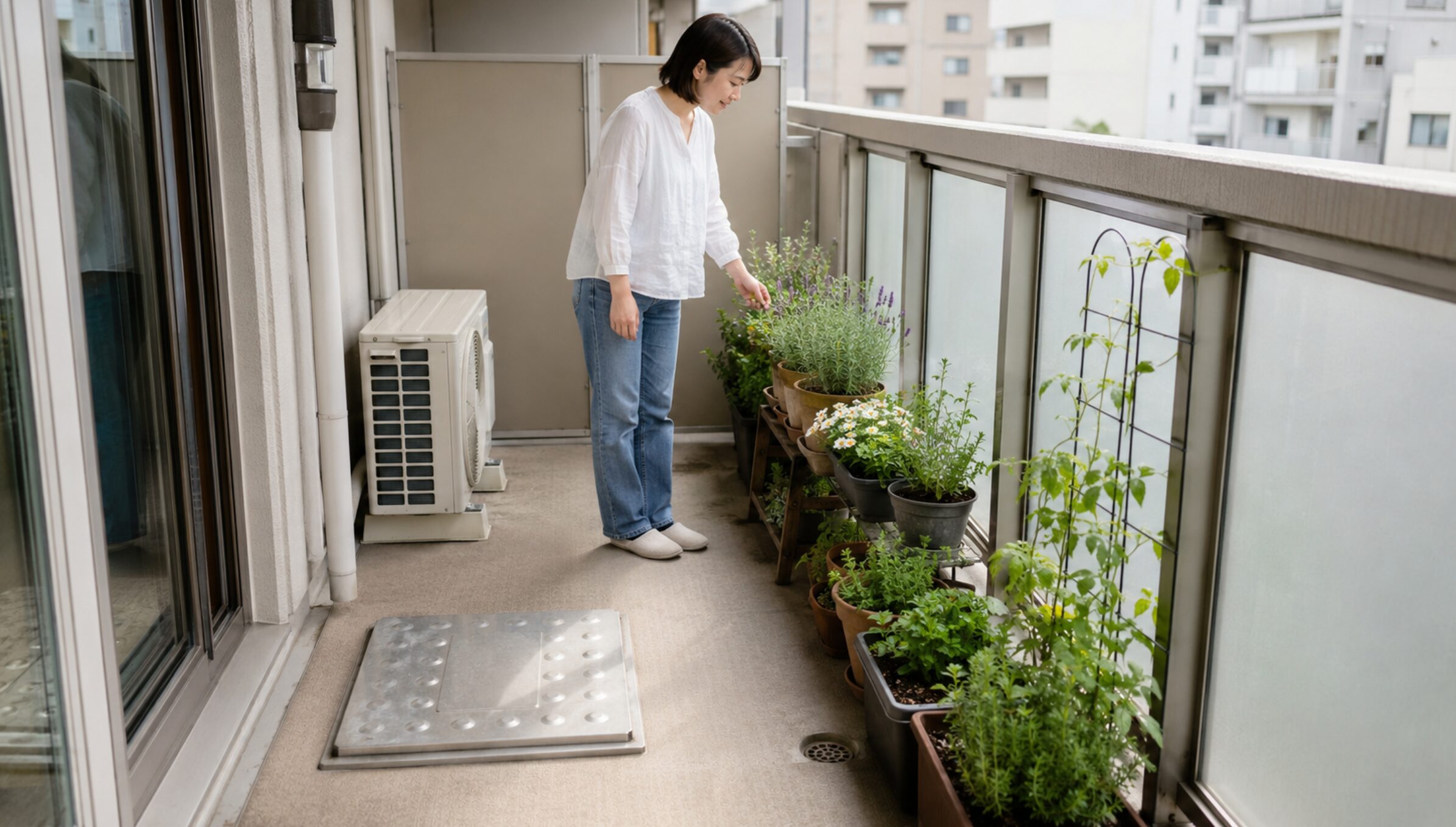 狭いマンションのベランダで避難ハッチと通路を空け、鉢植えを片側にまとめた安全なガーデニング配置