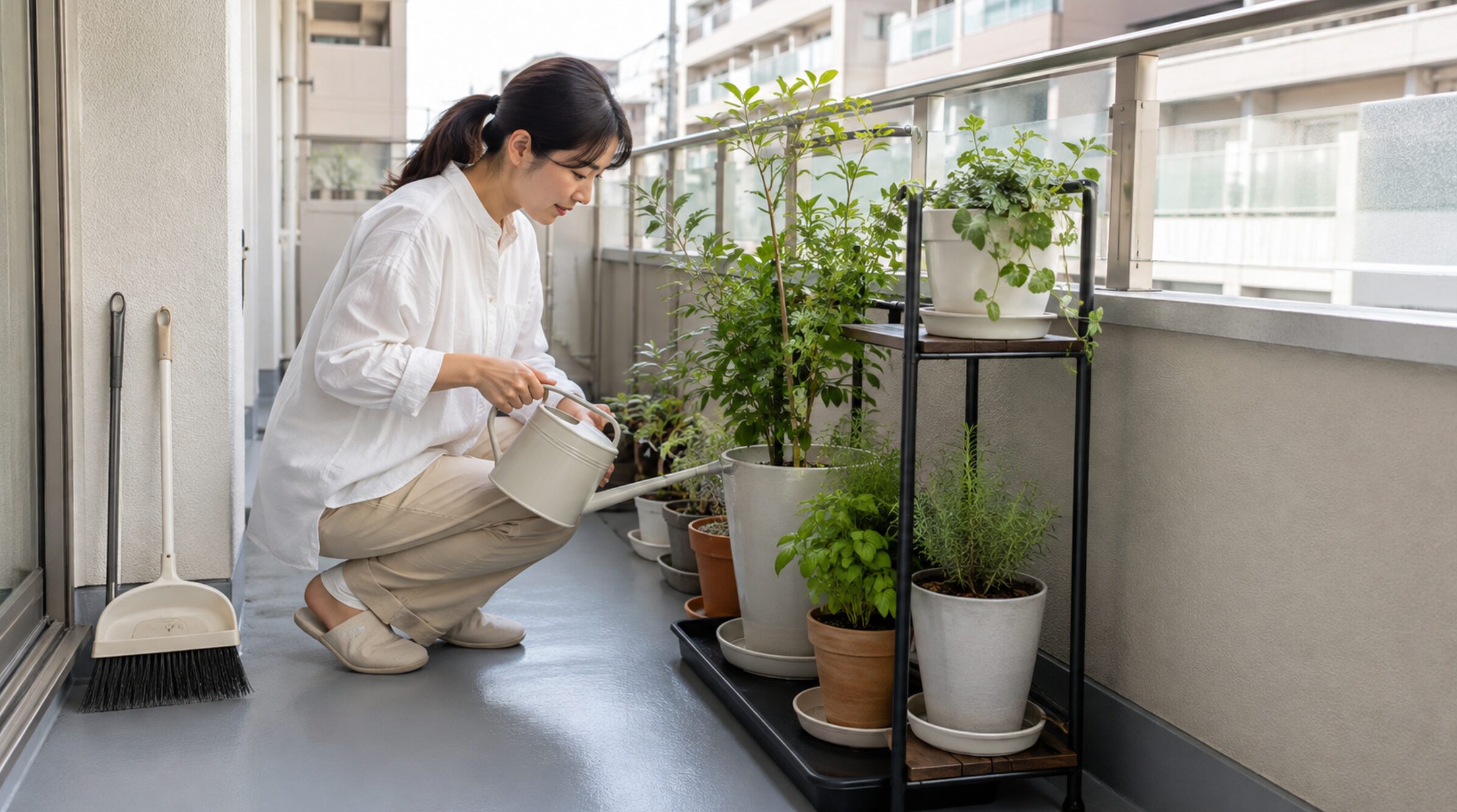 受け皿と防水トレーを使い、狭いマンションのベランダで鉢植えへ水やりをする日本人女性