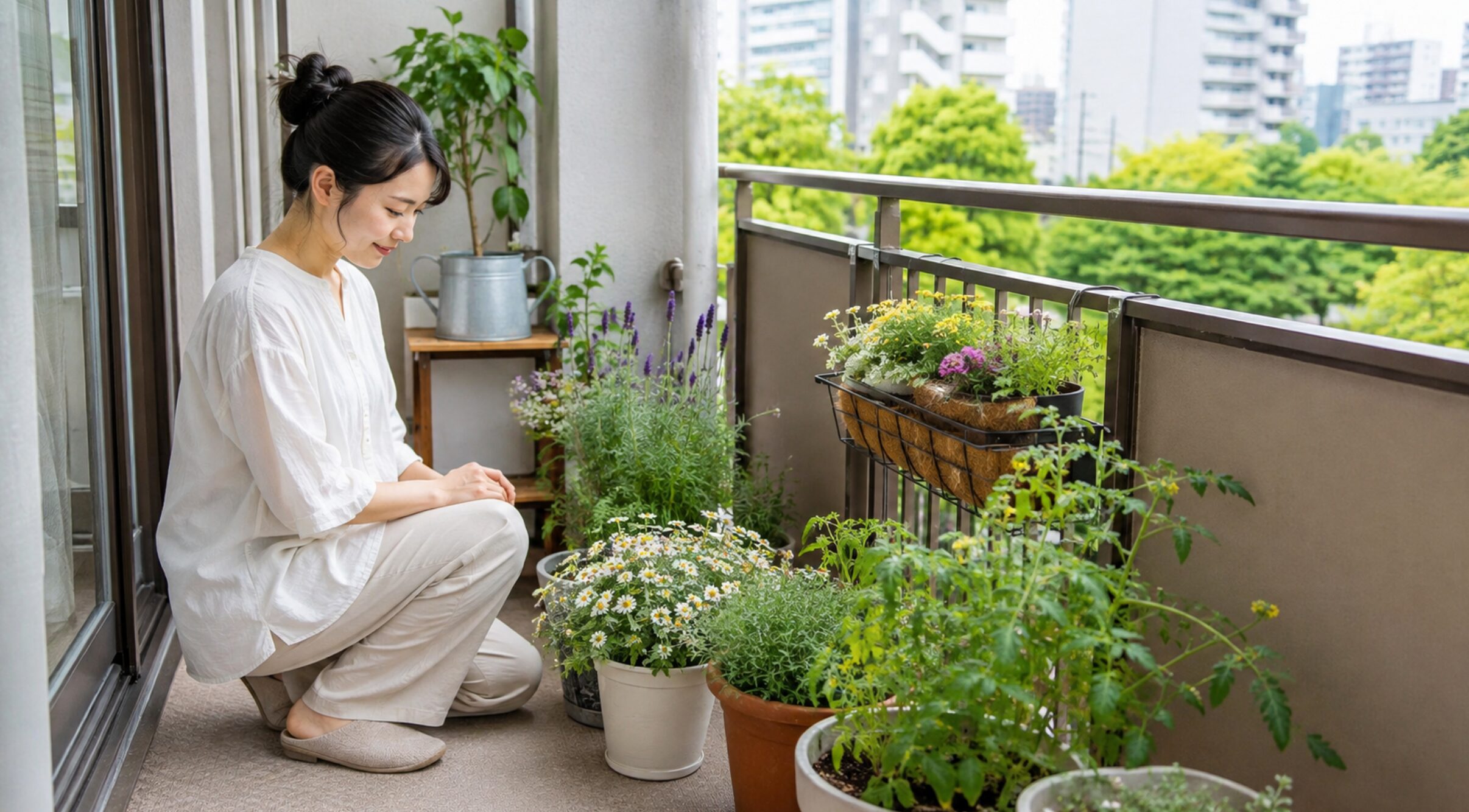マンションのベランダで花やハーブを楽しむ日本人女性