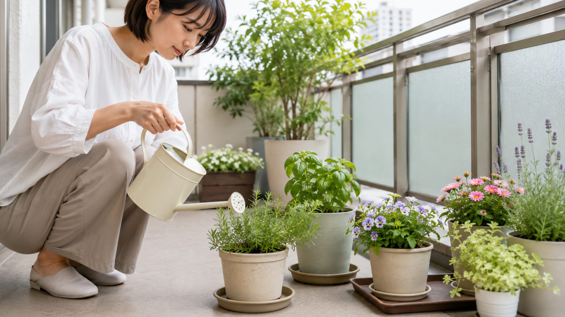 受け皿を使ってマンションのベランダで鉢植えに水やりする女性