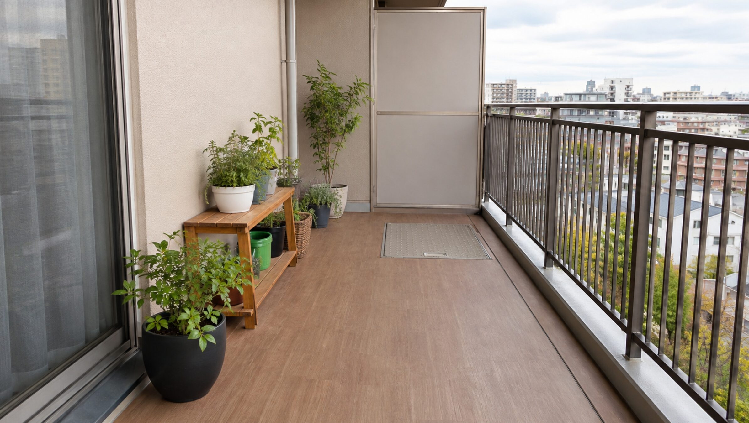避難ハッチと通路を空けたマンションベランダガーデニングの安全な配置