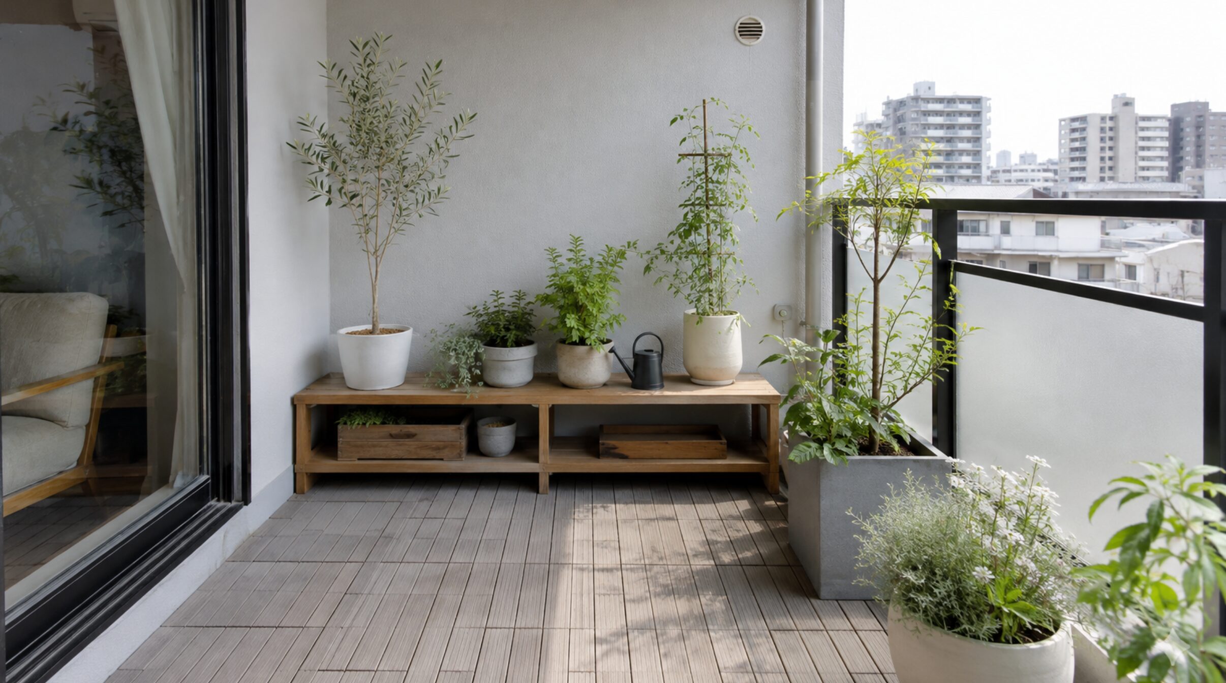 低い木製棚と鉢植えを配置したおしゃれなマンションベランダガーデニング