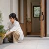 日本人女性が玄関の動線を確保しながら鉢植えを配置する様子