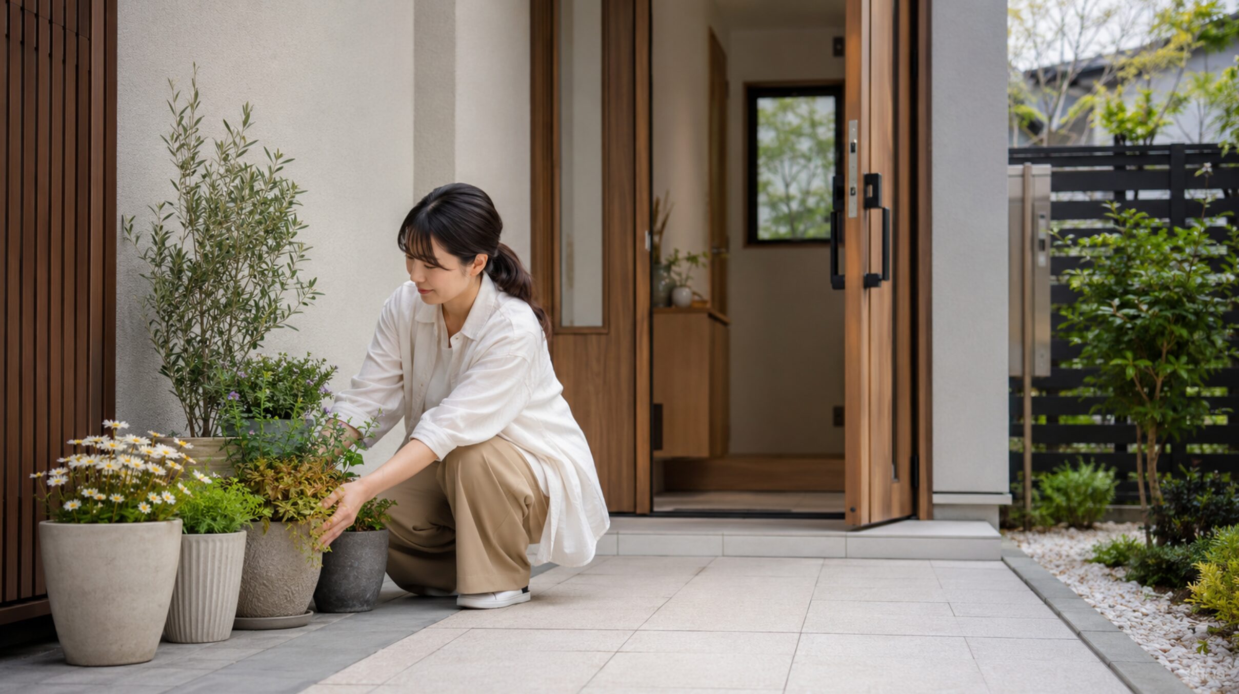 日本人女性が玄関の動線を確保しながら鉢植えを配置する様子