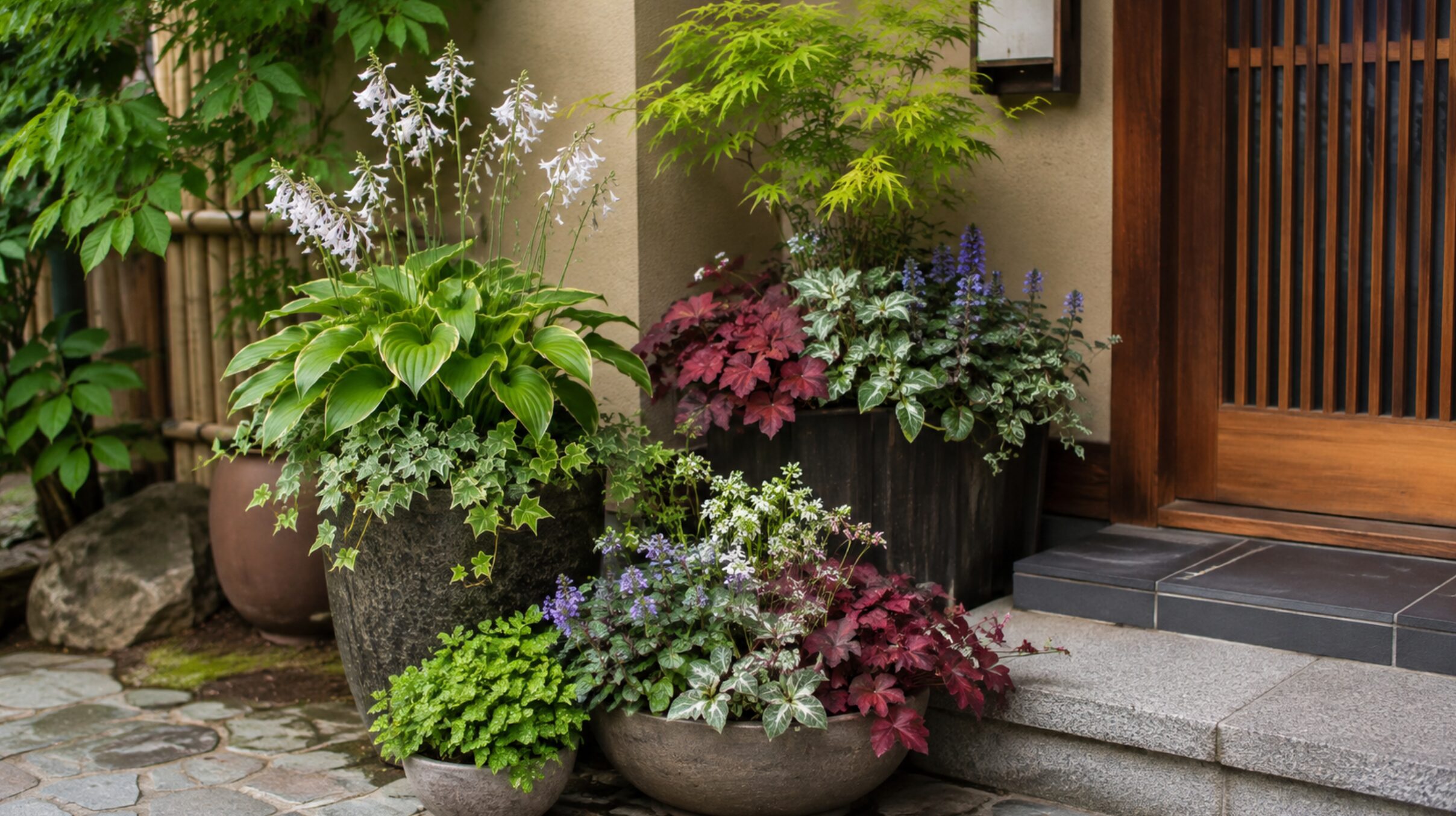 北向きの玄関にカラーリーフと小花を寄せ植えした日陰ガーデニング