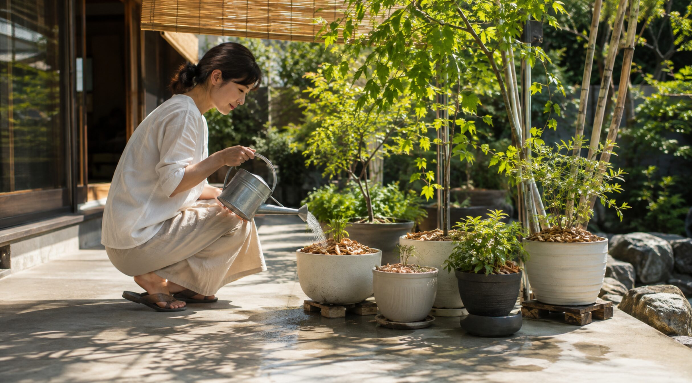 夏のコンクリート庭で鉢を浮かせて植物に水やりする日本人女性