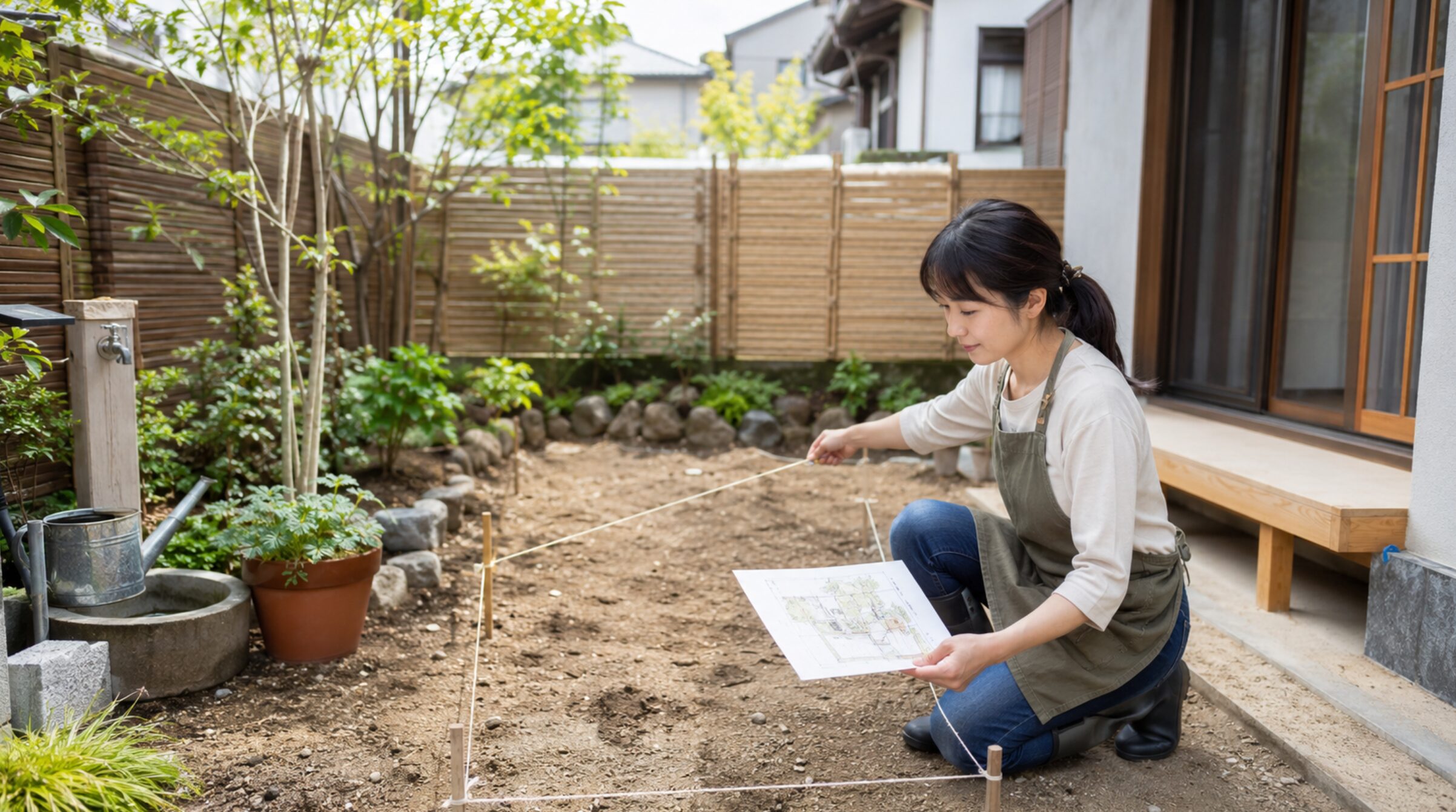 庭の設計図を確認しながらレイアウトを測る日本人女性