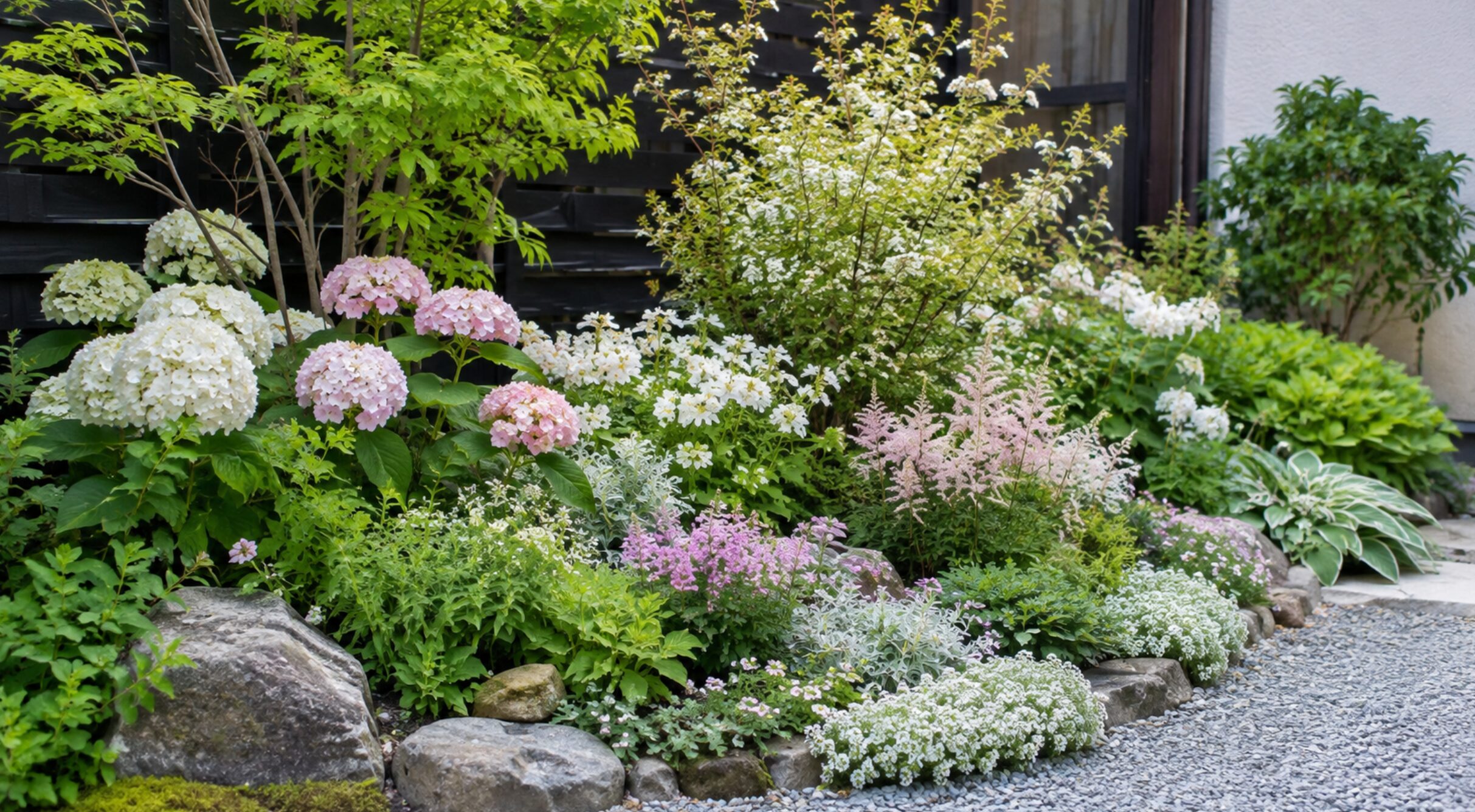 白と淡いピンクの花を高低差で配置したおしゃれな花壇