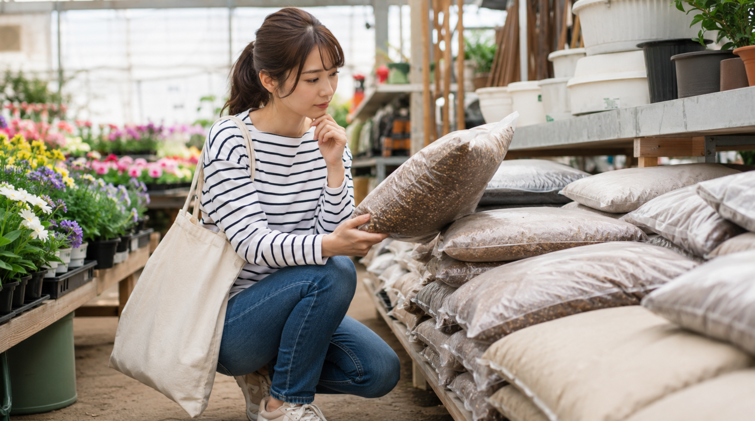 園芸店でガーデニング用の培養土を選ぶ日本人女性