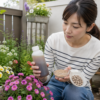 ガーデニング初心者が液体肥料と固形肥料を比較して選ぶ様子