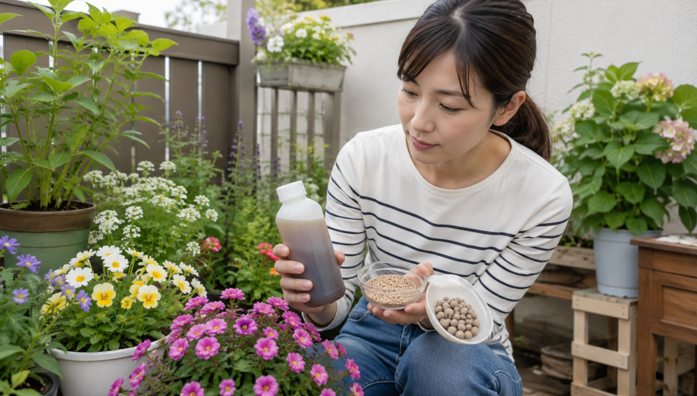 ガーデニング初心者が液体肥料と固形肥料を比較して選ぶ様子