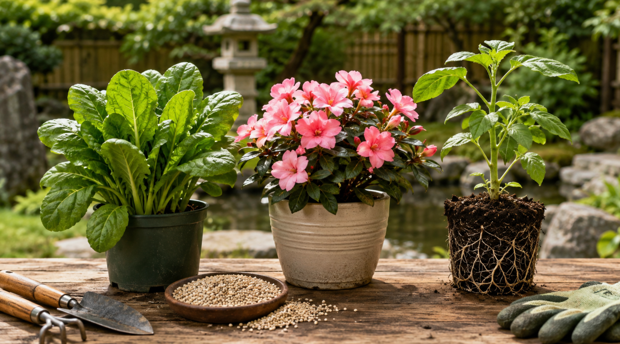 葉・花・根の生育とガーデニング肥料の役割を表す鉢植え植物