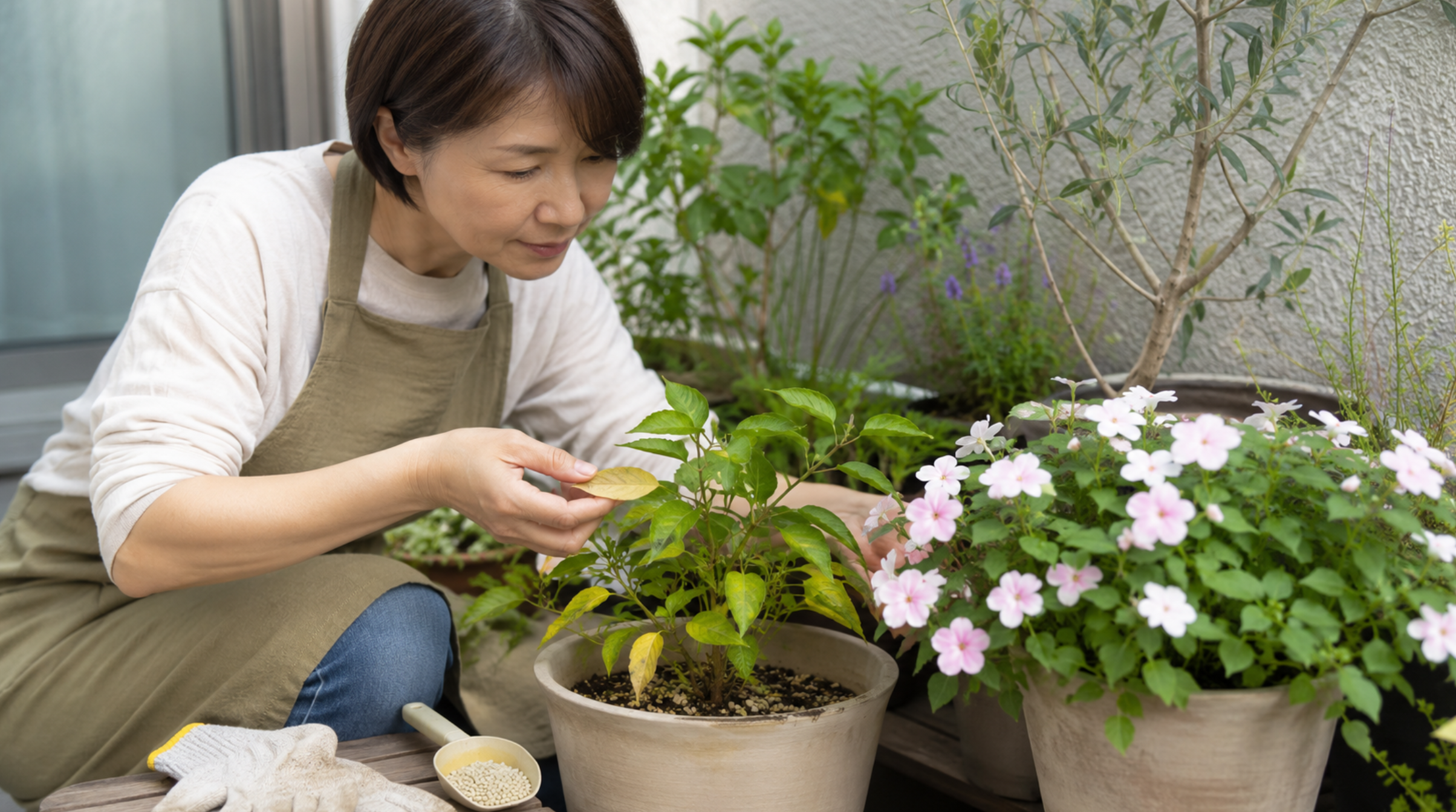肥料を追加する前に黄色くなった鉢植えの葉を確認する日本人女性