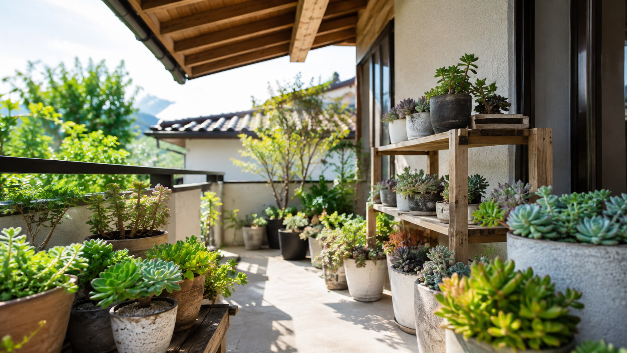 多肉植物を日当たりと風通しのよい軒下で育てる屋外ガーデニング