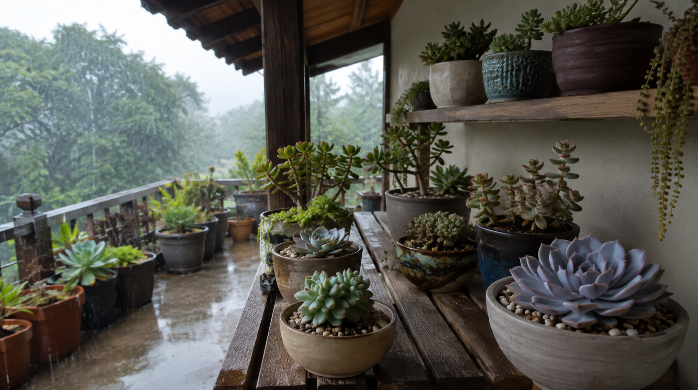 梅雨の長雨を避けて軒下で管理する多肉植物の雨対策